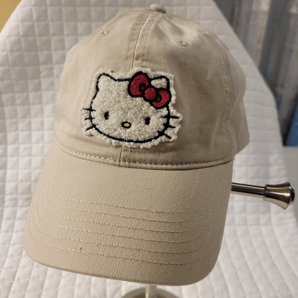 Hello Kitty Sanrio Beige Cap Fuzzy Embroidered Patch Collectible Fandom Cute Hat